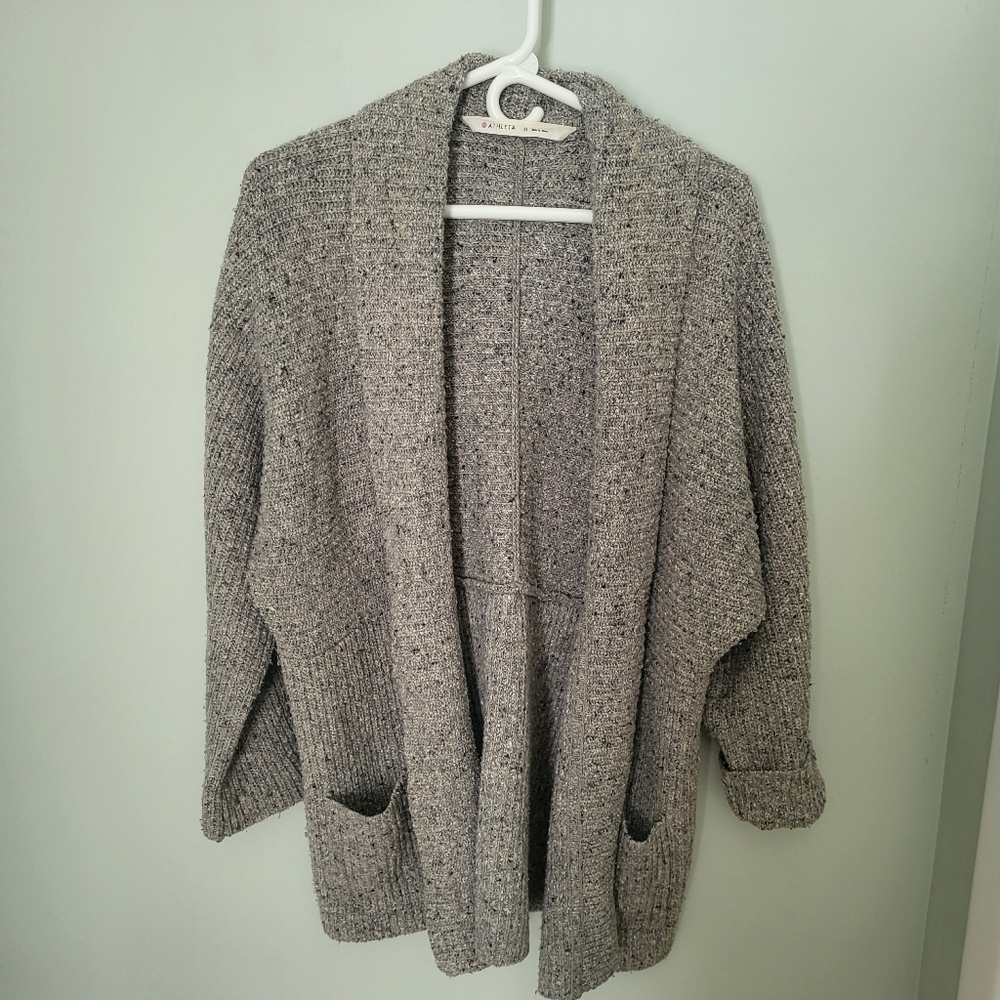 Athleta Medium Shawl Collar Pockets Gray Speckled Cardigan Sweater Wool Blend